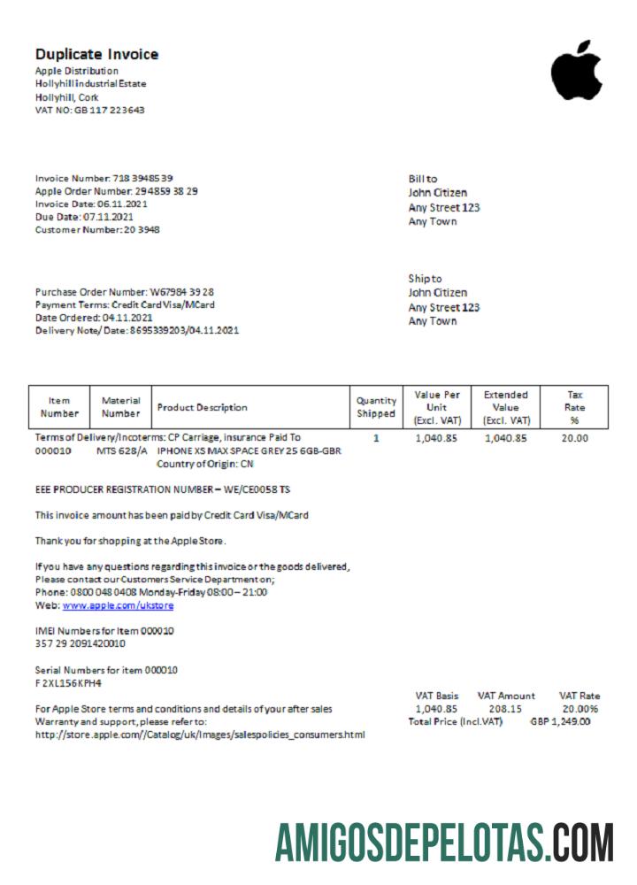 Fatura Apple dos EUA modelo